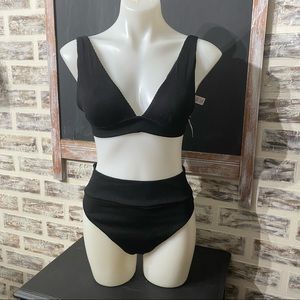 Aerie Ribbed Black Bikini High Waisted Size Large New